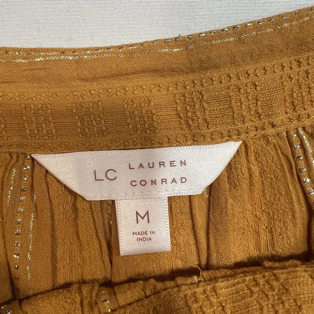 LC Lauren Conrad Metallic Stripe Square Neck Peasant Blouse Top Mustard M Cotton - Picture 2 of 9